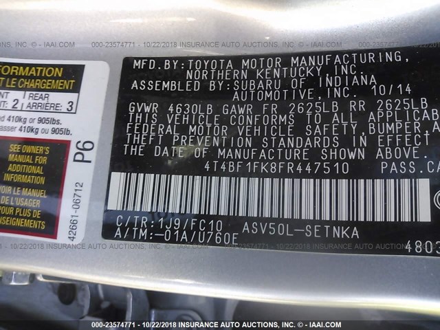 4T4BF1FK8FR447510 - 2015 TOYOTA CAMRY LE/XLE/SE/XSE 银色 照片 9