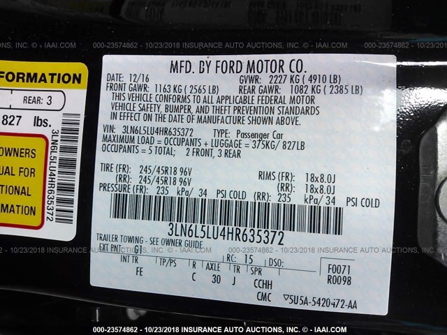 3LN6L5LU4HR635372 - 2017 LINCOLN MKZ HYBRID SELECT BLACK photo 9