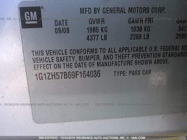 1G1ZH57B69F164036 - 2009 CHEVROLET MALIBU 1LT SILVER photo 9