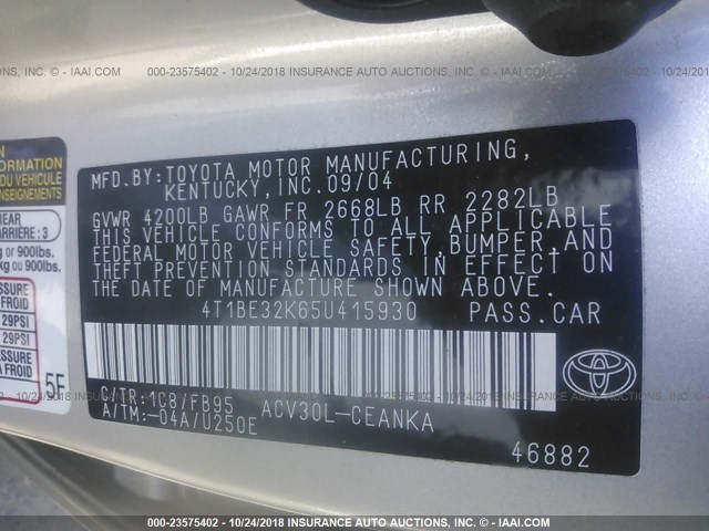 4T1BE32K65U415930 - 2005 TOYOTA CAMRY LE/XLE/SE SILVER photo 9