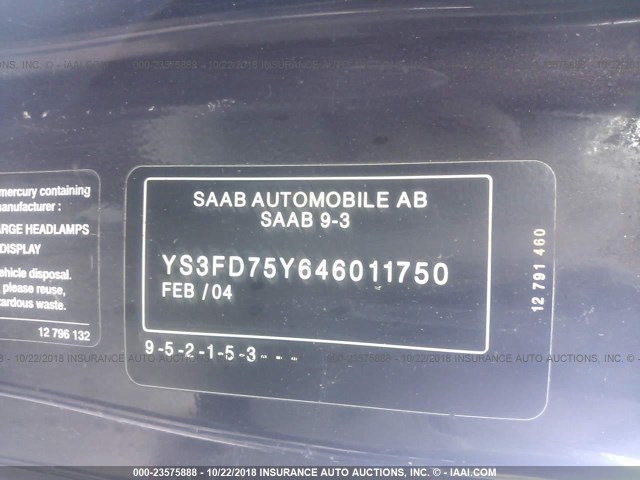 YS3FD75Y646011750 - 2004 SAAB 9-3 ARC BLACK photo 9