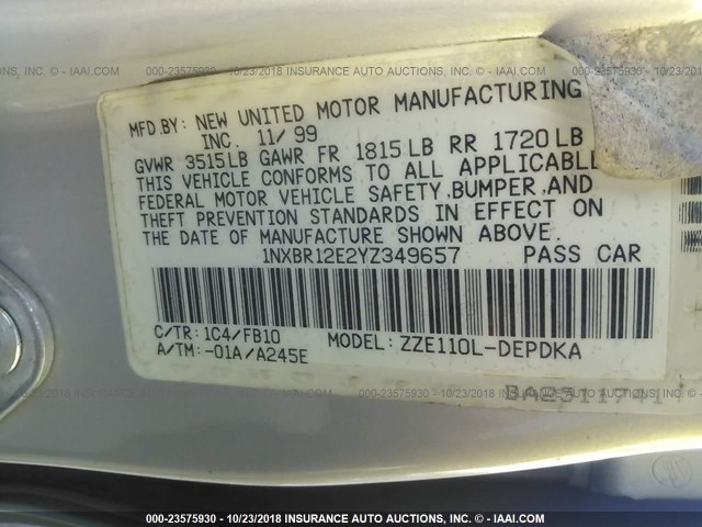 1NXBR12E2YZ349657 - 2000 TOYOTA COROLLA VE/CE/LE 银色 照片 9