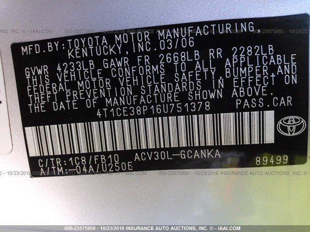 4T1CE38P16U751378 - 2006 TOYOTA CAMRY SOLARA SE/SLE SILVER photo 9