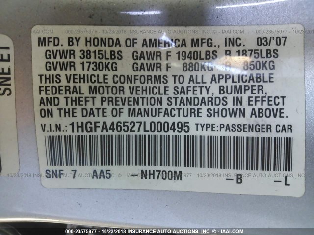 1HGFA46527L000495 - 2007 HONDA CIVIC GX SILVER photo 9