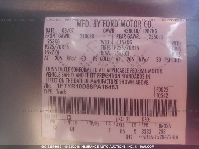 1FTYR10D88PA16483 - 2008 FORD RANGER GRAY photo 9