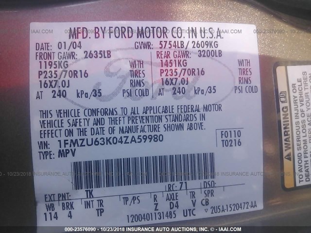 1FMZU63K04ZA59980 - 2004 FORD EXPLORER XLT/XLT SPORT/NBX 勃艮第红 照片 9