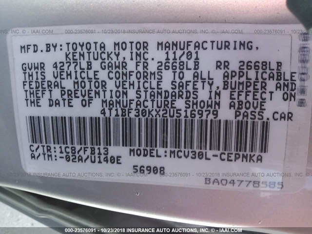 4T1BF30KX2U516979 - 2002 TOYOTA CAMRY LE/XLE/SE Gümüş foto 9