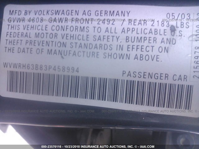 WVWRH63B83P458994 - 2003 VOLKSWAGEN PASSAT GLX BLUE photo 9