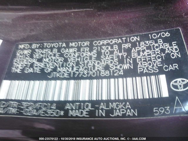 JTKDE177370188124 - 2007 TOYOTA SCION TC 栗色 照片 9