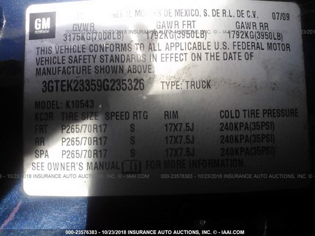 3GTEK23359G235326 - 2009 GMC SIERRA K1500 SLE BLUE photo 7