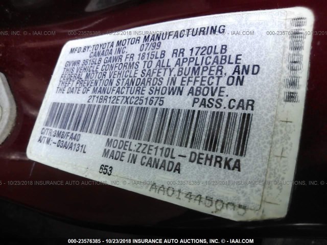 2T1BR12E7XC251675 - 1999 TOYOTA COROLLA VE/CE/LE 红色 照片 9