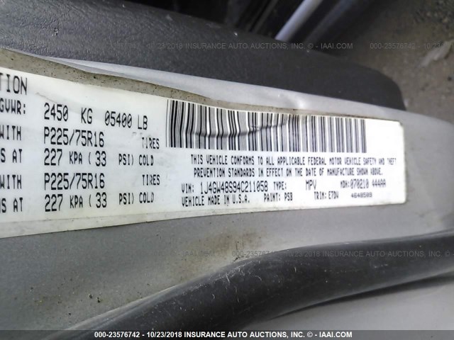 1J4GW48S94C211058 - 2004 JEEP GRAND CHEROKEE LAREDO/COLUMBIA/FREEDOM 银色 照片 9