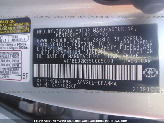 4T1BE32K55U085889 - 2005 TOYOTA CAMRY LE/XLE/SE 银色 照片 9
