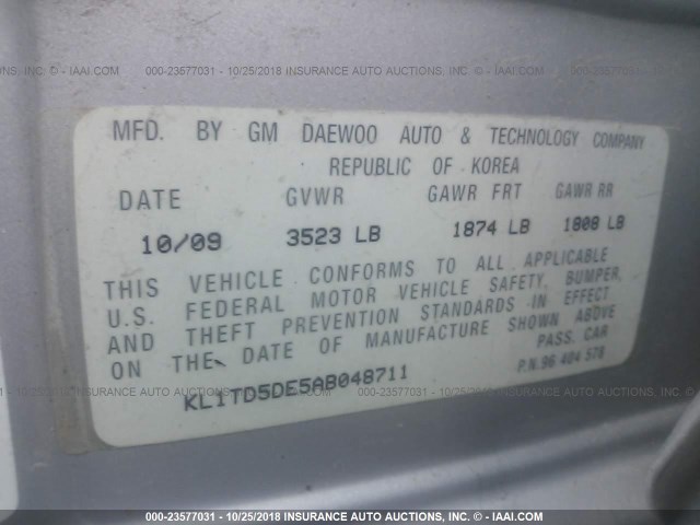 KL1TD5DE5AB048711 - 2010 CHEVROLET AVEO LS/LT Արծաթագույն լուսանկար 9