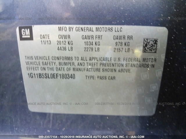 1G11B5SL0EF180340 - 2014 CHEVROLET MALIBU LS ლურჯი ფოტო 9