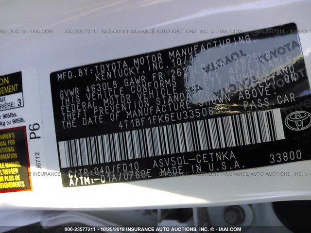 4T1BF1FK6EU335085 - 2014 TOYOTA CAMRY L/SE/LE/XLE თეთრი ფოტო 9