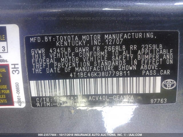 4T1BE46K38U779811 - 2008 TOYOTA CAMRY CE/LE/XLE/SE GRAY photo 9