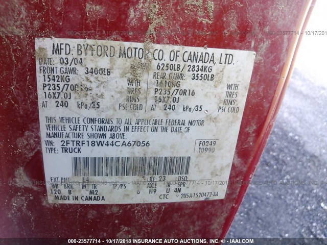 2FTRF18W44CA67056 - 2004 FORD F-150 HERITAGE CLASSIC RED photo 9