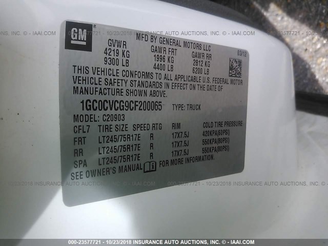 1GC0CVCG9CF200065 - 2012 CHEVROLET SILVERADO C2500 HEAVY DUTY WHITE photo 9