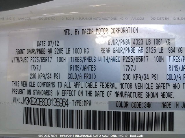 JM3KE2CE8D0135964 - 2013 MAZDA CX-5 TOURING Blanc photo 9