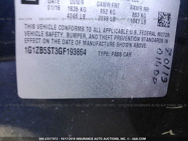 1G1ZB5ST3GF193864 - 2016 CHEVROLET MALIBU LS 深蓝色 照片 9