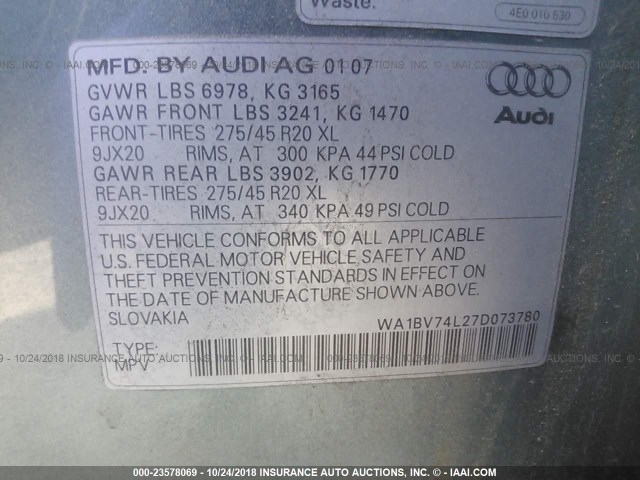 WA1BV74L27D073780 - 2007 AUDI Q7 4.2 QUATTRO PREMIUM Light Blue photo 9