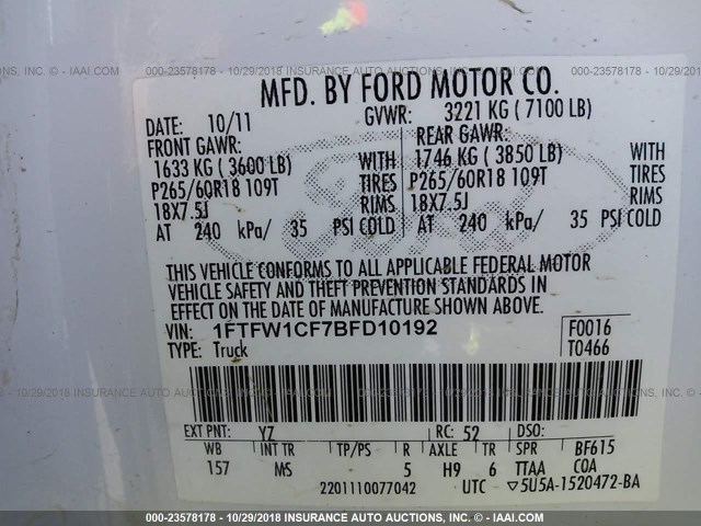 1FTFW1CF7BFD10192 - 2011 FORD F150 SUPERCREW WHITE photo 9