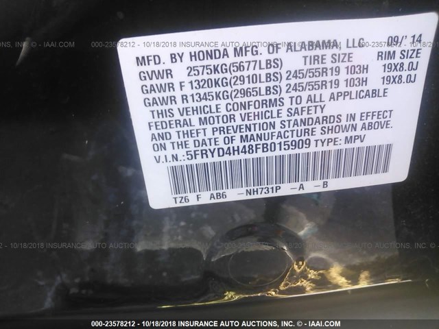 5FRYD4H48FB015909 - 2015 ACURA MDX TECHNOLOGY BLACK photo 9