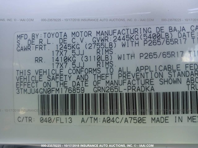 3TMJU4GN0FM176859 - 2015 TOYOTA TACOMA DOUBLE CAB PRERUNNER WHITE photo 9