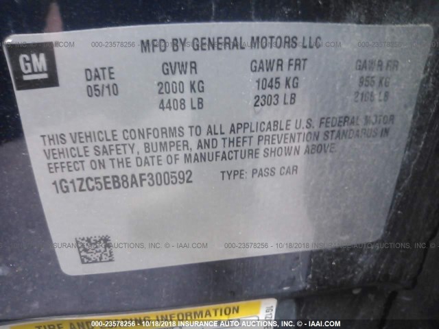 1G1ZC5EB8AF300592 - 2010 CHEVROLET MALIBU 1LT BLUE photo 9