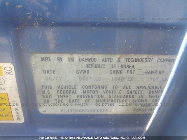 KL1TD56638B005954 - 2008 CHEVROLET AVEO LS BLUE photo 9