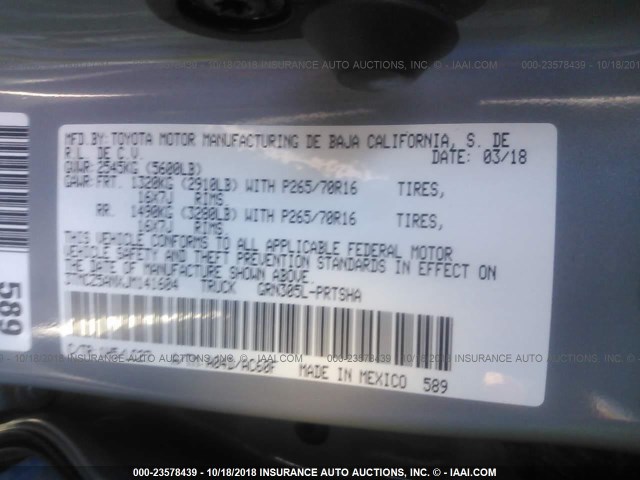 3TMCZ5ANXJM141604 - 2018 TOYOTA TACOMA DBL CAB/SR/TRDSPT/OR/PRO ნაცრისფერი ფოტო 9