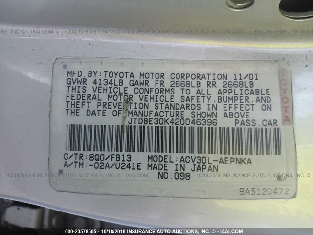 4T1BF32K32U510504 - 2002 TOYOTA CAMRY LE/XLE/SE SILVER photo 9