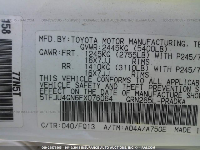 5TFJU4GN6FX076064 - 2015 TOYOTA TACOMA DOUBLE CAB PRERUNNER WHITE photo 9