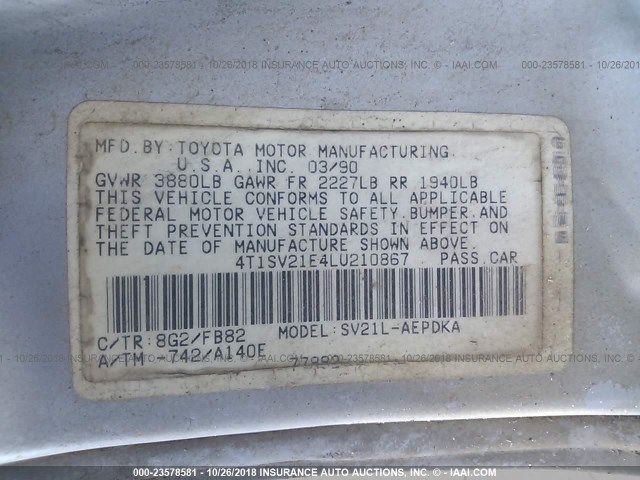 4T1SV21E4LU210867 - 1990 TOYOTA CAMRY DLX 蓝色 照片 9