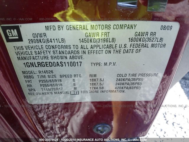 1GNLRGED0AS110017 - 2010 CHEVROLET TRAVERSE LT MAROON photo 9