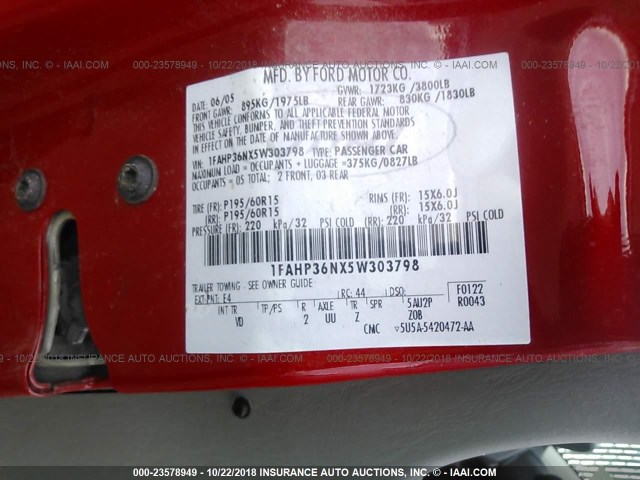 1FAHP36NX5W303798 - 2005 FORD FOCUS ZXW RED photo 9