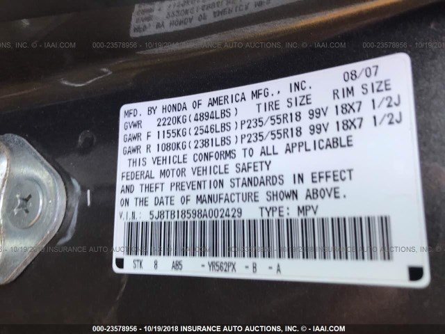 5J8TB18598A002429 - 2008 ACURA RDX TECHNOLOGY GRAY photo 9