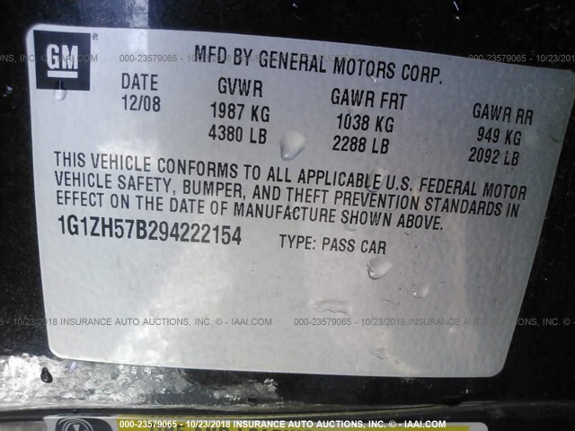 1G1ZH57B294222154 - 2009 CHEVROLET MALIBU 1LT BLACK photo 9