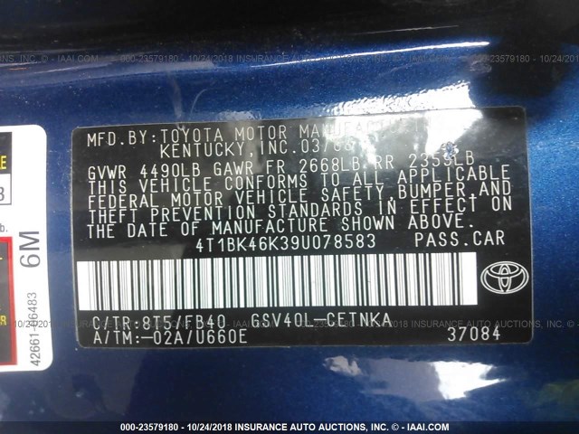 4T1BK46K39U078583 - 2009 TOYOTA CAMRY SE/LE/XLE 蓝色 照片 9