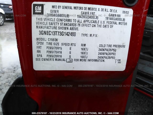 3GNEC13T73G142488 - 2003 CHEVROLET AVALANCHE C1500 RED photo 9