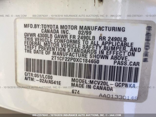 2T1CF22P0XC184650 - 1999 TOYOTA CAMRY SOLARA SE/SLE Ağ foto 9