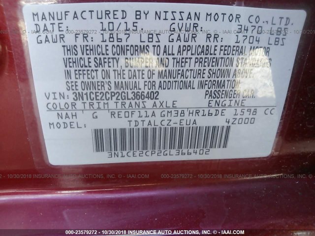 3N1CE2CP2GL366402 - 2016 NISSAN VERSA NOTE S/S PLUS/SV/SL/SR RED photo 9