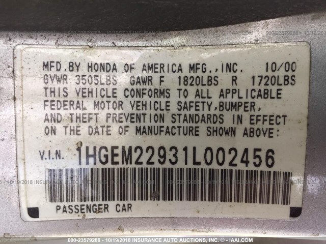 1HGEM22931L002456 - 2001 HONDA CIVIC SI/EX SILVER photo 9