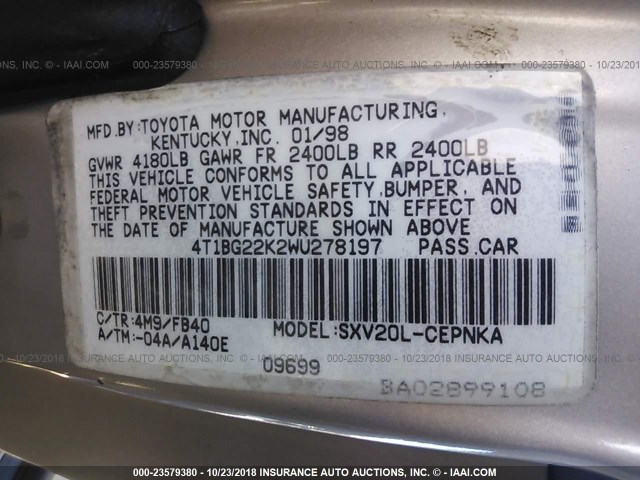 4T1BG22K2WU278197 - 1998 TOYOTA CAMRY CE/LE/XLE 金色 照片 9