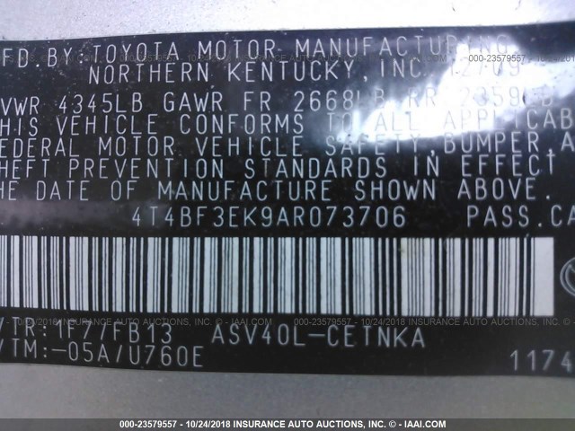 4T4BF3EK9AR073706 - 2010 TOYOTA CAMRY SE/LE/XLE SILVER photo 9