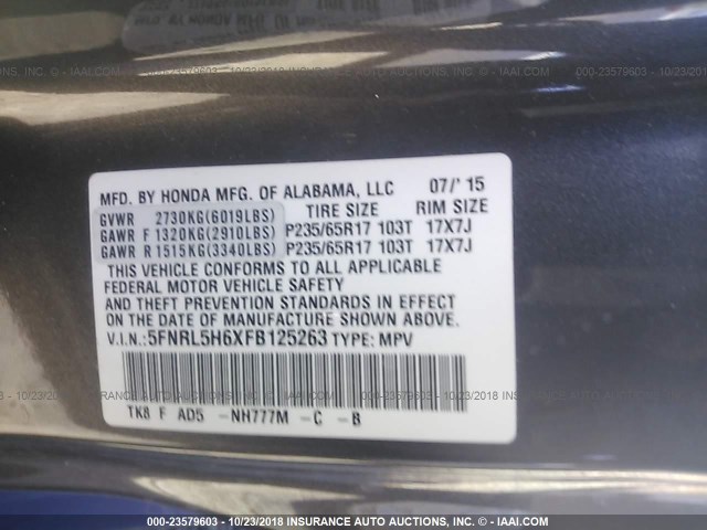 5FNRL5H6XFB125263 - 2015 HONDA ODYSSEY EXL GRAY photo 9