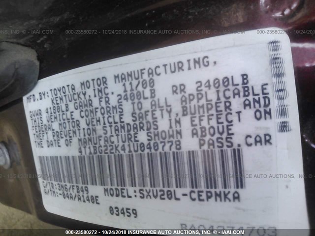 4T1BG22K41U040778 - 2001 TOYOTA CAMRY CE/LE/XLE 红色 照片 9