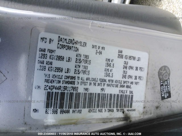 2C4GP44R15R117092 - 2005 CHRYSLER TOWN & COUNTRY LX SILVER photo 9