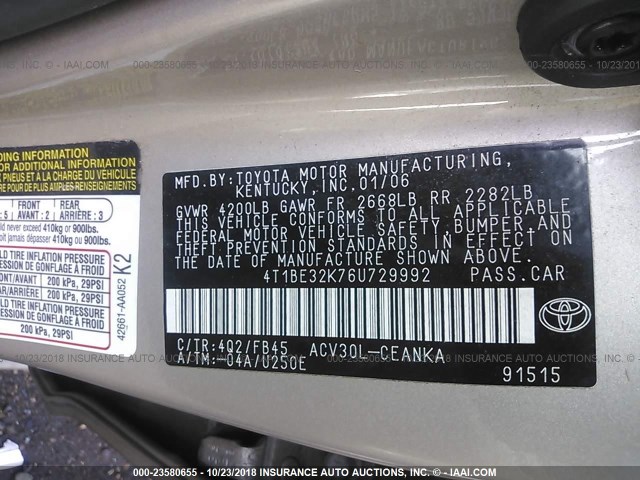 4T1BE32K76U729992 - 2006 TOYOTA CAMRY LE/XLE/SE GOLD photo 9
